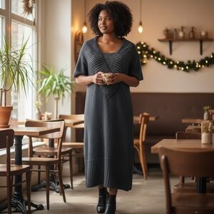 EXTRA TOUCH | Black Knit Sweater Tunic Dress Silver Sparkles Button Accent | 3X